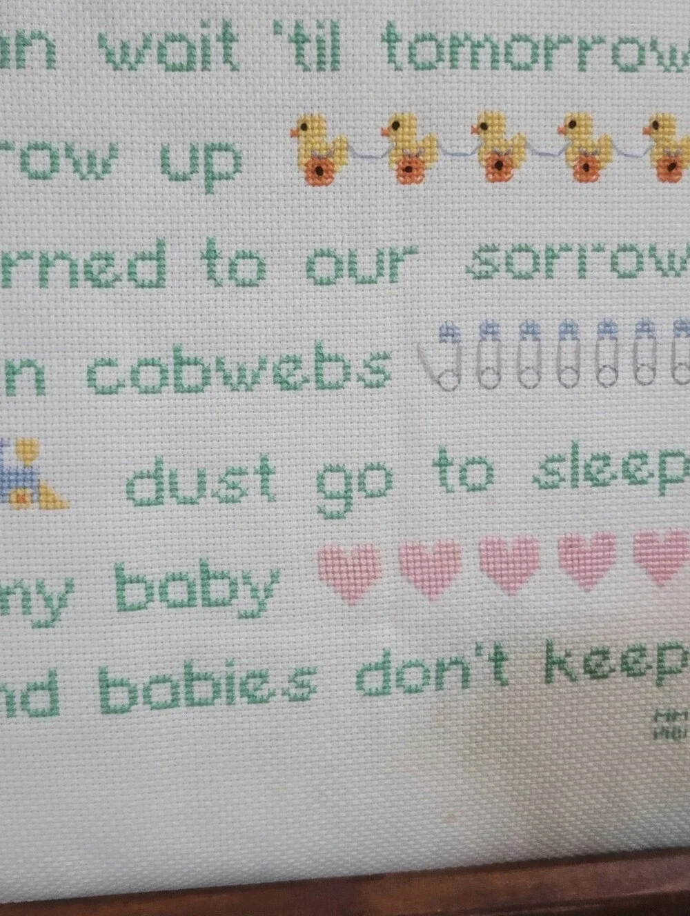 Vintage Framed Handmade Cross-Stitch Baby Lyrics Wall Art in Green and Pink